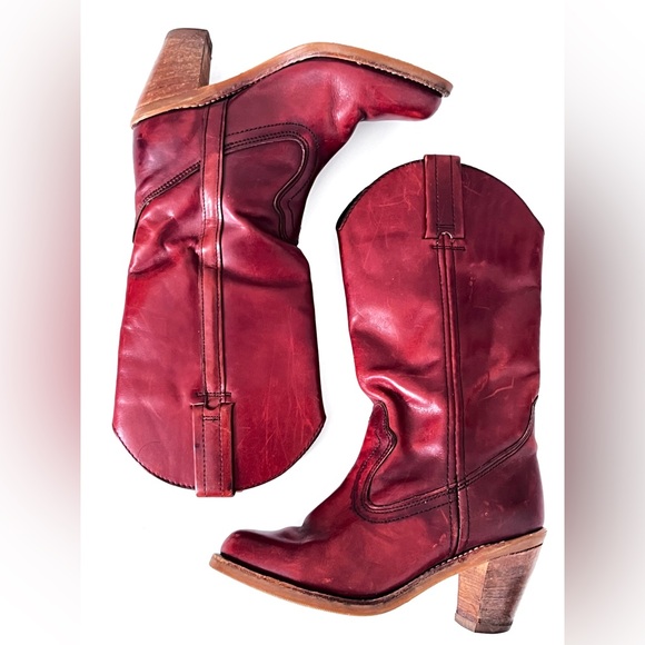 Vintage 70s Dexter Oxblood Red Leather Western Cowboy Boots Women Size 5.5 - Picture 4 of 12